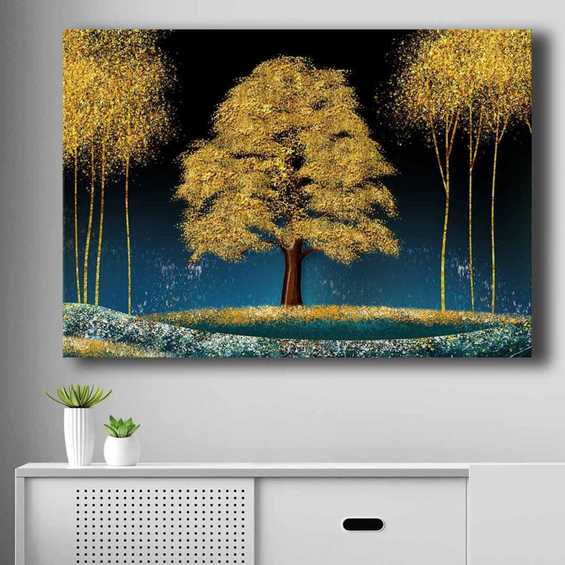 Stunning Decorative Canvas Painting, 27.6 x 39.4 inches | 100% Canvas, Thickness: 0.1 inches | Framed with 100% Pine Wood, Thickness: 0.9 inches | Elegant Blue, Navy Blue, Gold & Brown Colors, Perfect for Home Décor