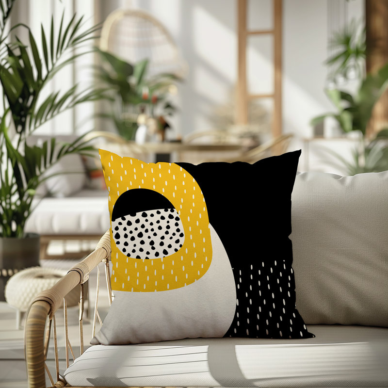 Coussin carré intérieur / extérieur pia, H 15 po x l 15 po, Jaune / noir / blanc cassé