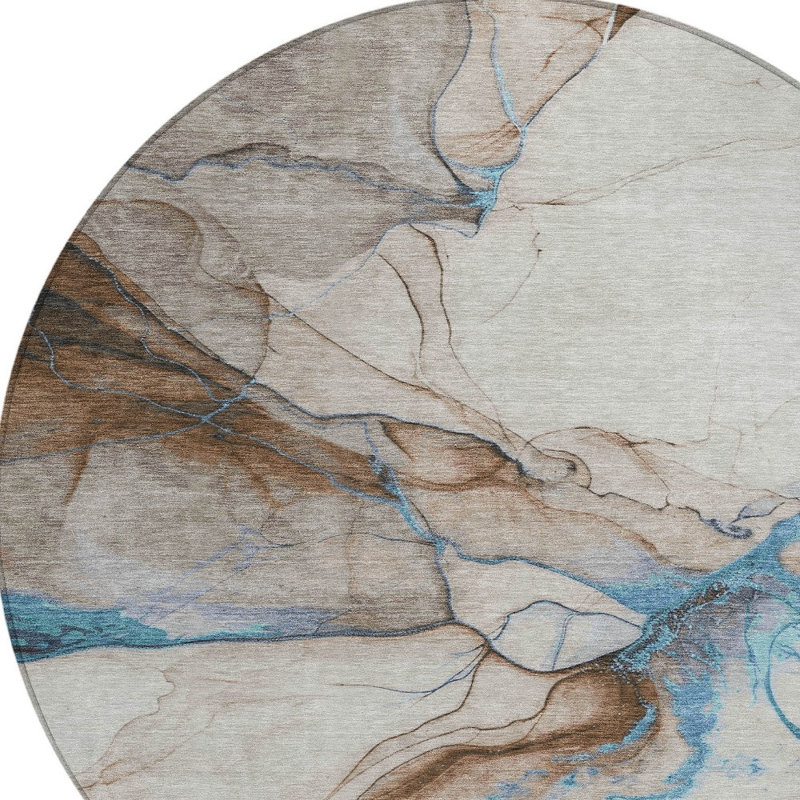Tapis d'intérieur rond lavable abstrait beige et bleu 8 pi Fairwinds