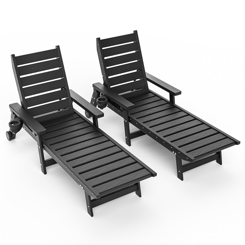 Chaise longue de patio en PEHD 2 pièces Burdge ZeaLuxe avec roulettes et dossier réglable, Noir, noir, noir, noir