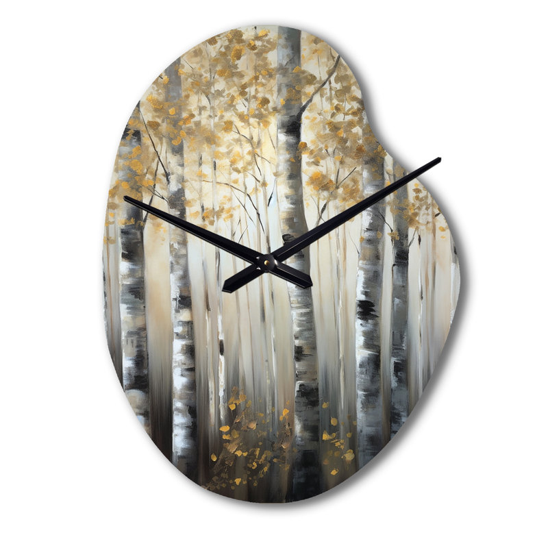 Birch Tree Forest Wonderland V - Tree Unique Shape Metal Wall Clock, Modern Asymmetrical Wall Clock Print, Large