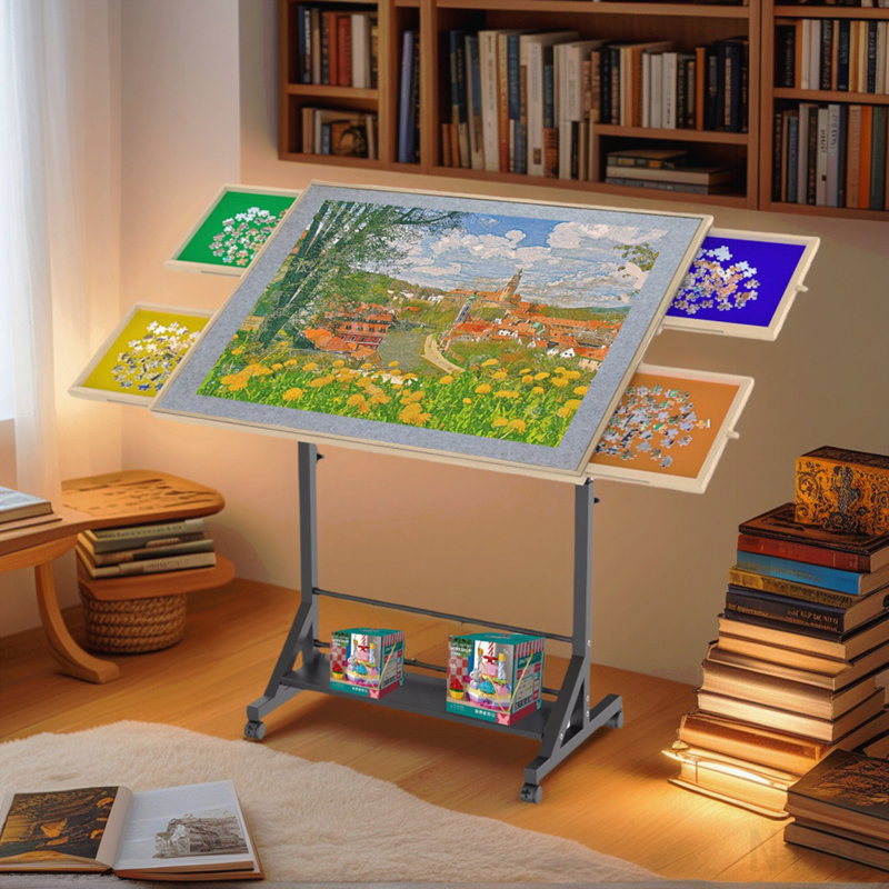 Table de casse-tête en bois 1500 pièces avec tiroir, table de casse-tête réglable de 35 po x 27,17 po, table de casse-tête inclinable à 360 ° avec pieds et roulettes, hauteur et angle réglables, avec housse de protection