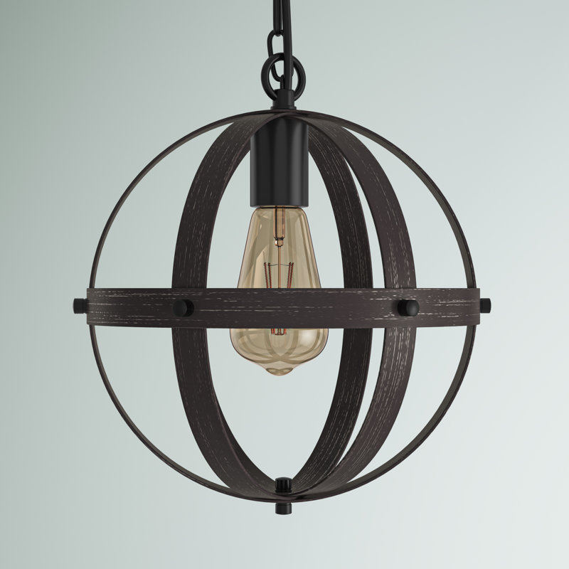 Mancuso 1 - Light Globe Pendant with Wrought Iron Trim, Wood/Black