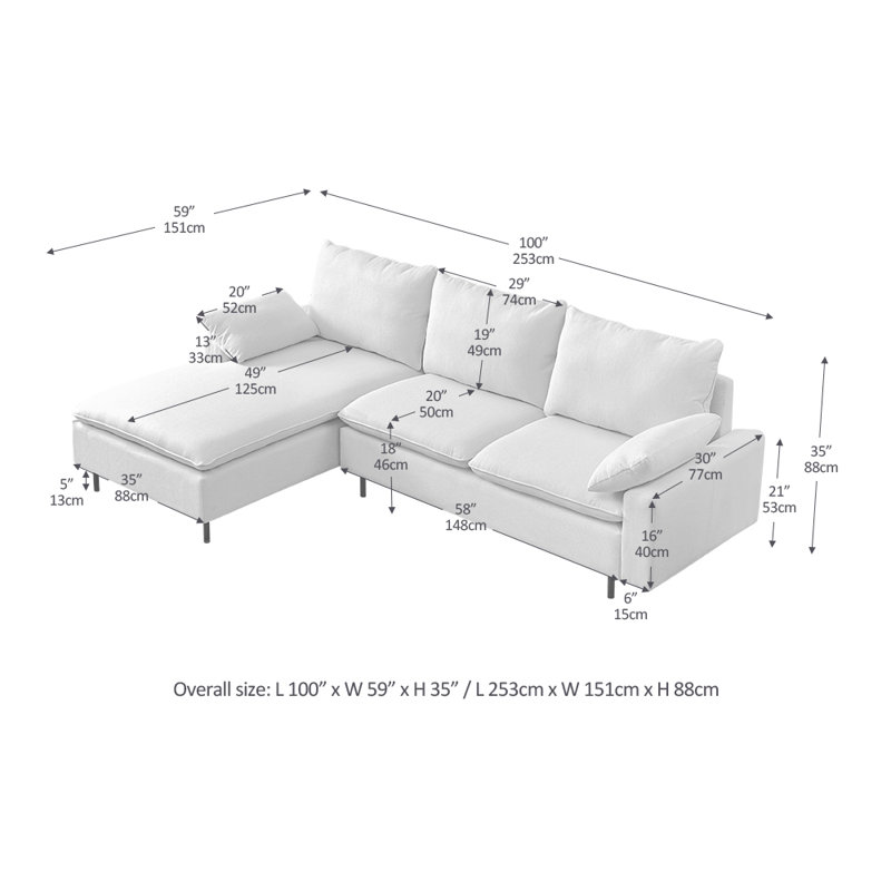Canapé modulaire moderne en forme de L avec deux coussins, Accoudoir à gauche (vu de face)