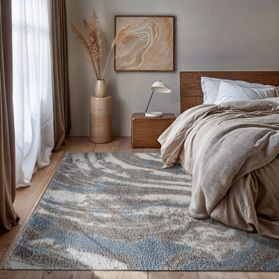 Tapis à poils longs Marble Swirl - bleu - velours moyen, élégant, facile à nettoyer