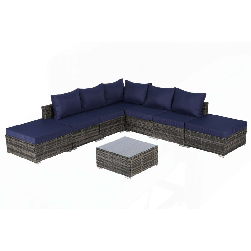 Outdoor Patio Sectional Sofa Set with Washable Cushions and Sturdy Construction, Dark Blue