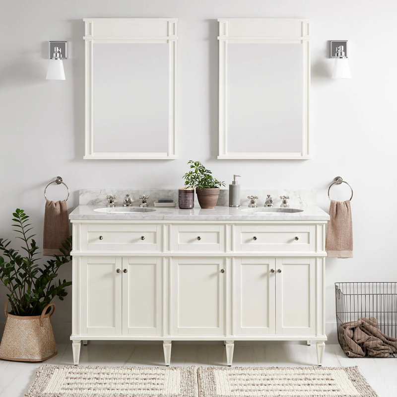 60" Elmdale Double Bathroom Vanity Set with Oval Undermount Sinks, 8" Widespread, Carrara Marble, Soft White