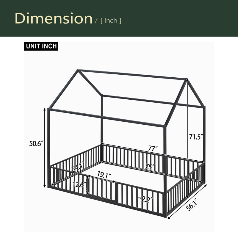 Metal House Bed With Fence And Door, Full, Black