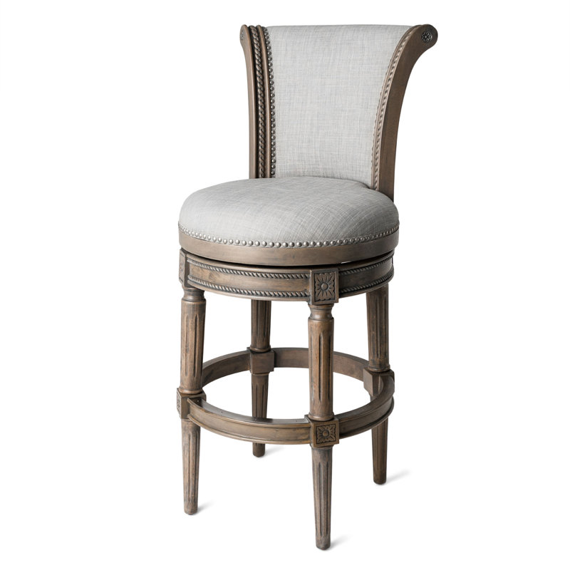 Maven Lane Gray Leather Swivel Bar Stool with Reclaimed Oak