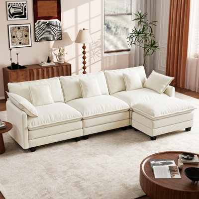 George 111.5" Modern 4 Seat Chenille L Shaped Modular Sectional Sofa With Ottoman