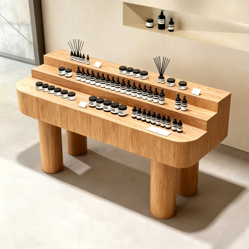 Console moderne à niveaux, présentoir décoratif multi-niveaux pour hall d'entrée, salon et magasin de détail, Natural Wood