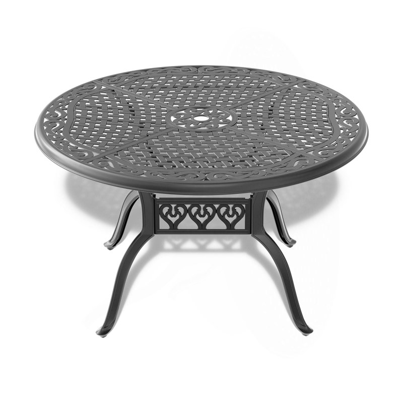 48-Inch Cast Aluminum Patio Dining Table With Black Frame And Umbrella Hole