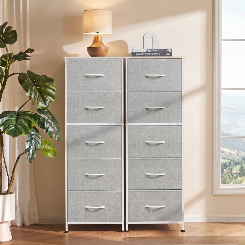 Ojaswi 5-Drawer Vertical Dresser with Wood Top for Bedroom, Chest of Drawers with Strudy Steel Frame for Small Space, Storage Tower for Closet, Hallway
