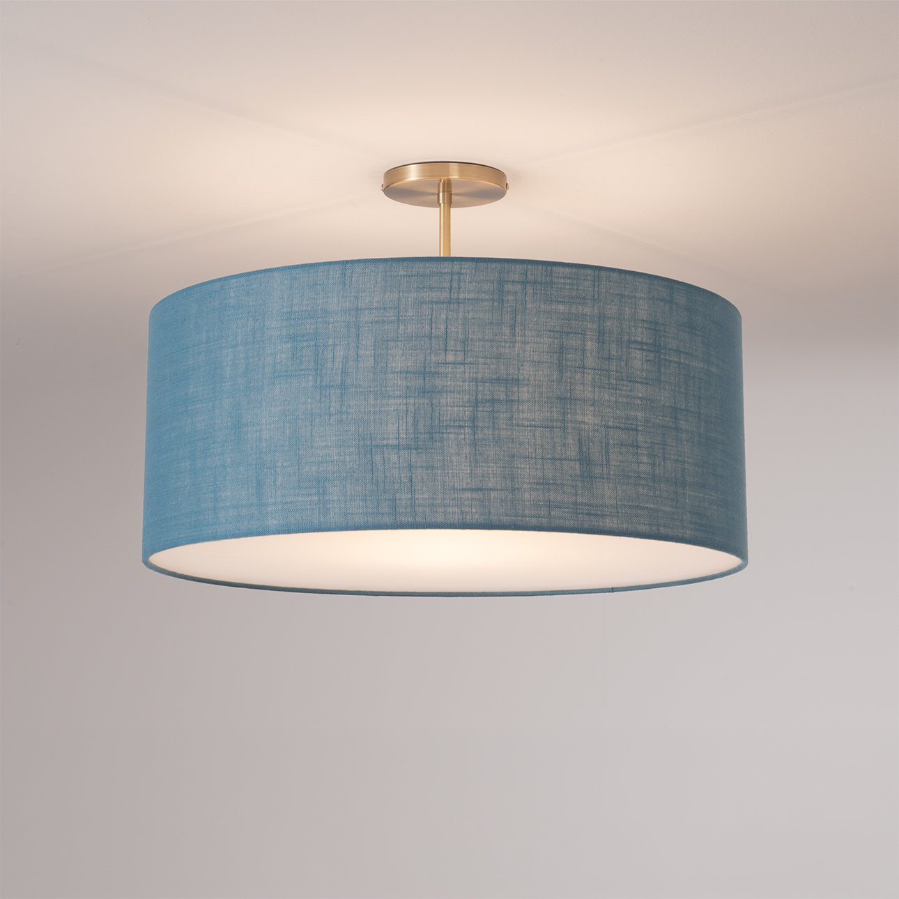 Stretch Semi Flush Mount, White Linen Shade, Weathered Brass, Turquoise
