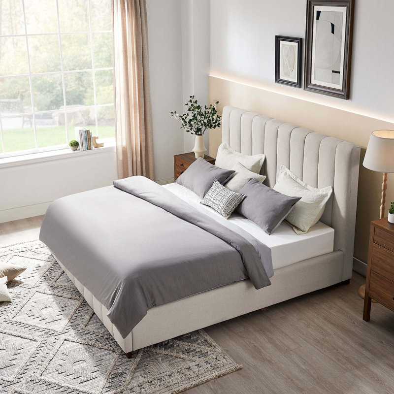 Modern Upholstered Platform Bed Frame With Headboard, White, Queen