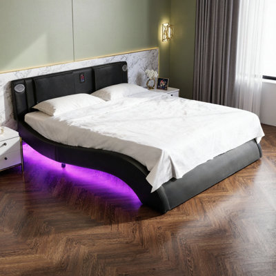 VARELON Modern Queen Platform Bed Frame with LED Headboard Lights, Bluetooth Speakers, Built-In Massage & USB Charging Ports
