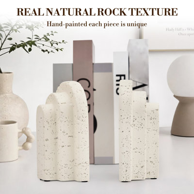 Serre-livres en résine imitation travertin blanc moucheté (1 paire), butoirs de livres décoratifs en forme d'arche, antidérapants et modernes, parfaits pour une étagère de salon, de chambre ou de bureau.