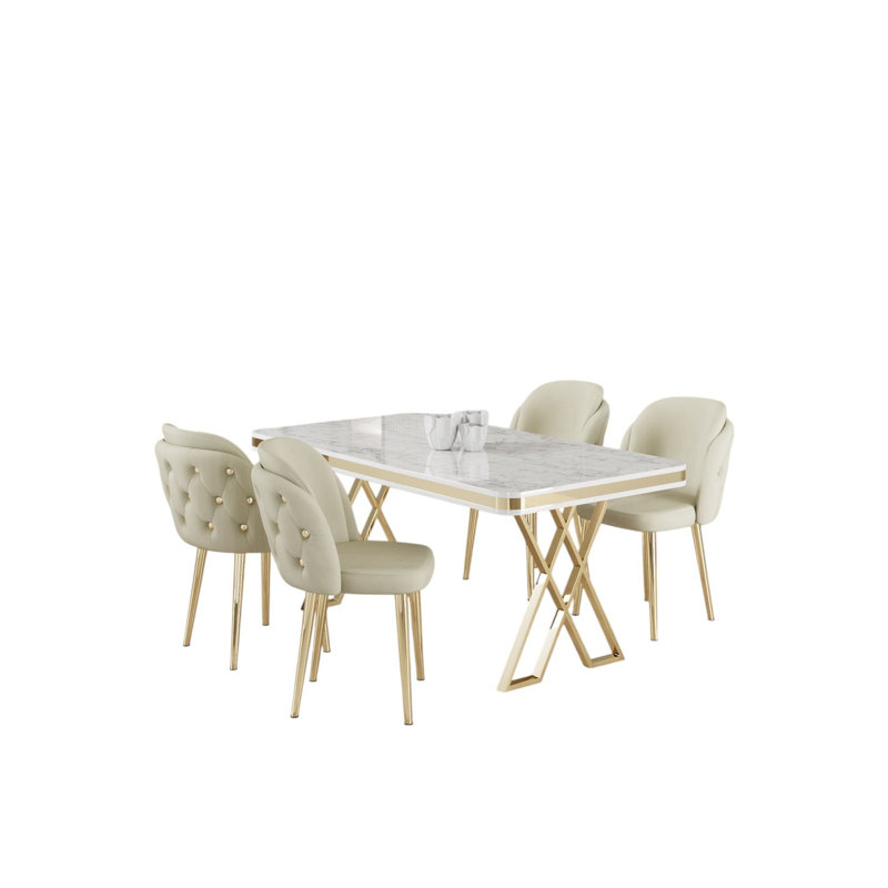 Modern 5-Piece Dining Table & Chairs Set, White & Gold, 51.2 x 29.1 x 31.5 inches | 100% Lacquer Panel, Metal Legs, Plywood Chair Frame, Babyface Fabric | Stylish & Comfortable Seating with Luxurious Design