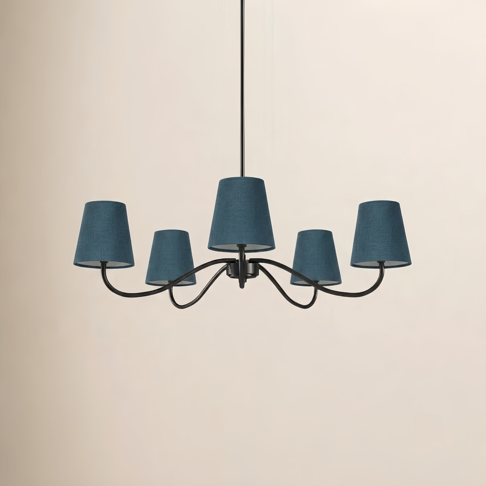 5-Light Chandelier with Fabric Shades, Matte Black, Blue