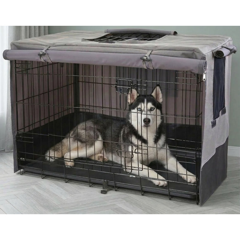 Housse d'intimité pour cage de chien de 42 pouces, toile 600D durable, résistante à l'eau et au vent, s'adapte aux caisses métalliques universelles avec portes doubles, dimensions L 43 po x l 29 po x H 31 po, gris / noir
