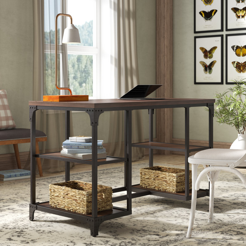 Bureau industriel en bois massif avec tablettes Rhem
