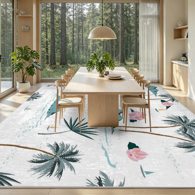 Magnifique tapis d'intérieur botanique blanc sans couture Island, Rectangle 79" x 118"