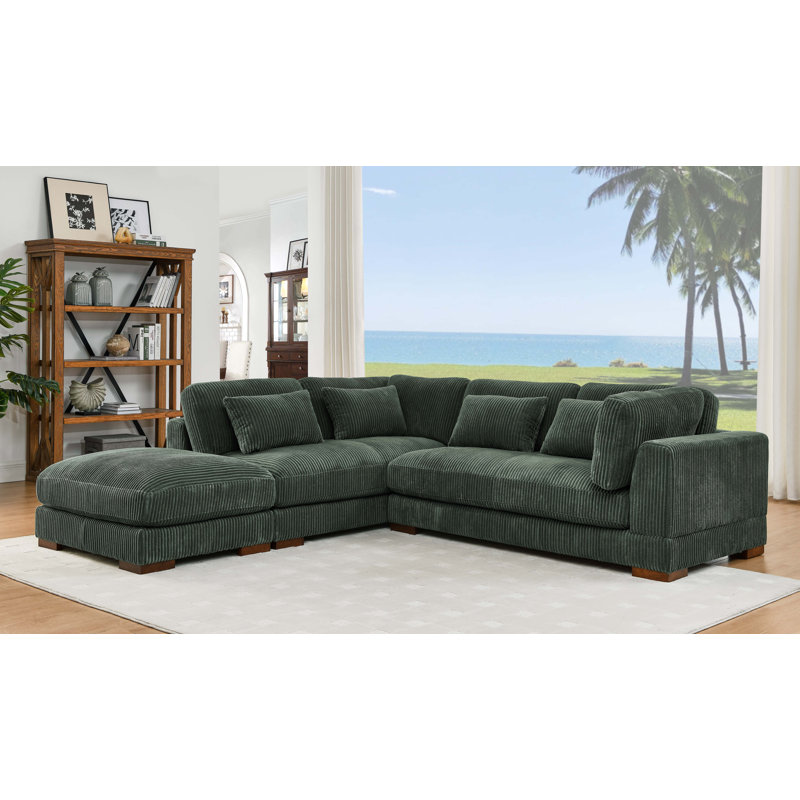 Beeston 107" Wide Sofa and Chaise with Ottoman, Left Hand Facing, Hunter Green Corduroy