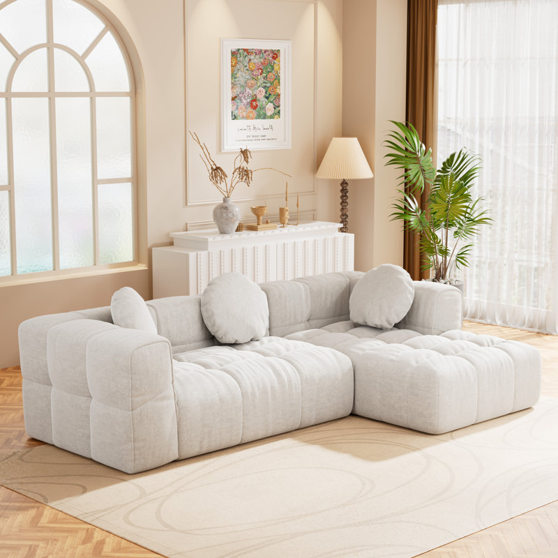 Fully Compressed Modular L-Shaped Sofa Set With Reversible Chaise & Tufted Back, Beige