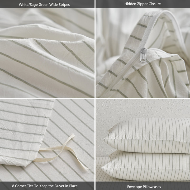 MooMee Striped Duvet Cover Set 100% Washed Cotton Linen Like Textured, Wide Stripes - White/Sage Green