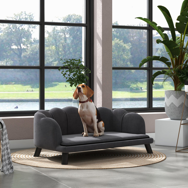 Lit pour chien en velours gris anthracite avec rembourrage en mousse - élégant et spacieux pour les canines de taille moyenne et grande, coussin lavable, pieds en bois, support perlé