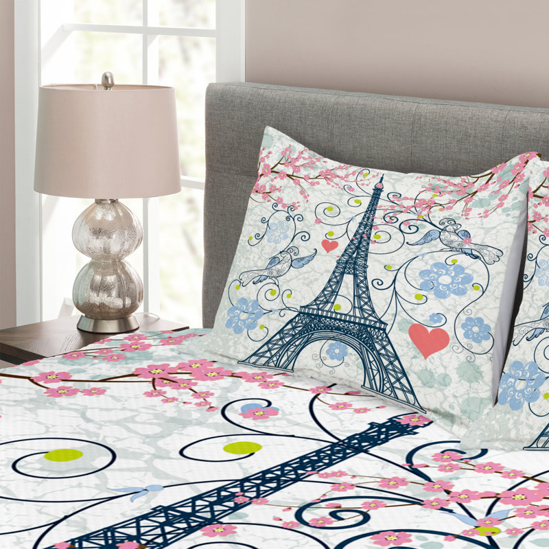 Dark Blue/White/Pink Polyester Bedspread Set, 220 x 264 cm