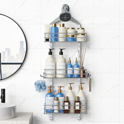 3-Tier Hanging Aluminum Alloy Bathroom Shelves No Drilling Required Shower Organizer with Hooks Aluminum Over the ShowerHead Caddy for Razor/Sponge