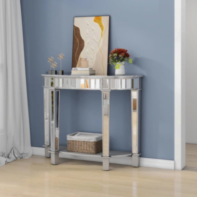 Mirrored Glass Console Table With Open Storage Shelves
