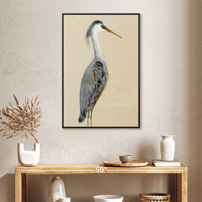 Héron sur brun clair I, 25 po x 37 po, Cadre flottant noir