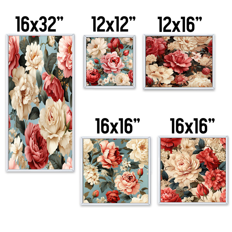 Motif floral rétro rose et bleu - ensemble de 5 reproductions d'art sur toile florales, Cadre flottant blanc