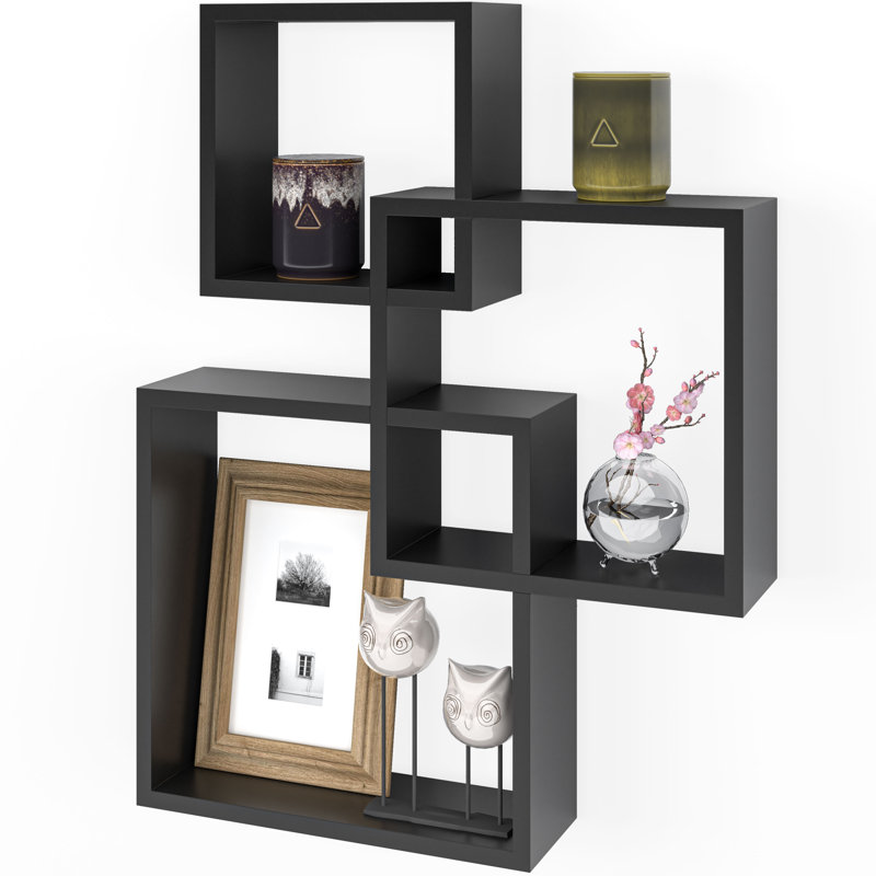 Extense Interlocking 3 Piece Square Floating Wall Shelf, Black