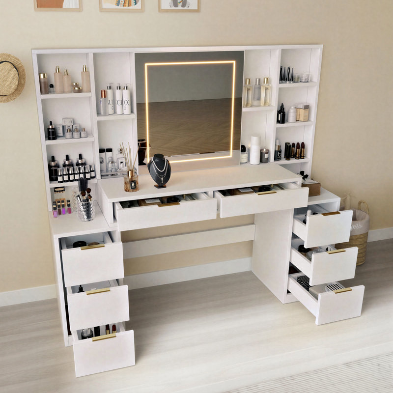 59"W Oversized Makeup Vanity Desk with Mirror and Lights, Vanity Table with 8 Drawers & Open Storage Shelves, Brightness Adjustable