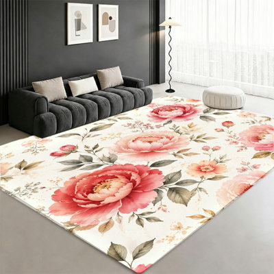 Tapis floral aquarelle pivoine, motif botanique à texture douce, tapis antidérapant lavable à la machine, décoration intérieure pour salon, chambre à coucher, cuisine, balcon, appartement