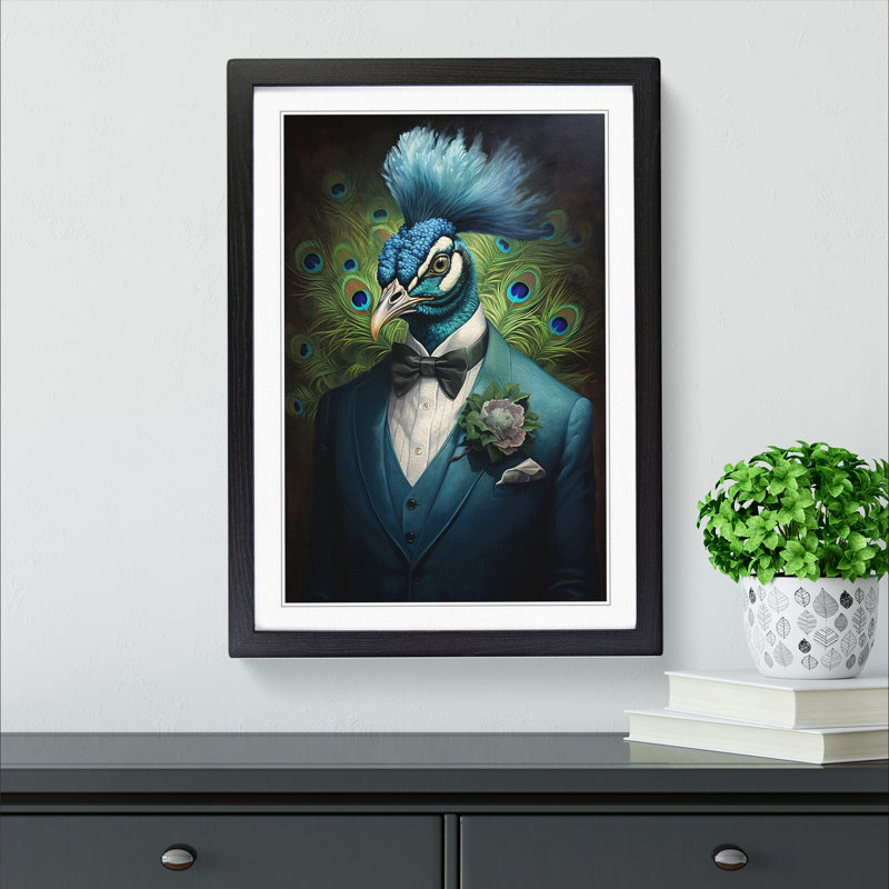 Peacock In A Suit Painting No.2 - Single Picture Frame Print on Wood, Black Framed, 46cm H x 34cm W x 2cm D