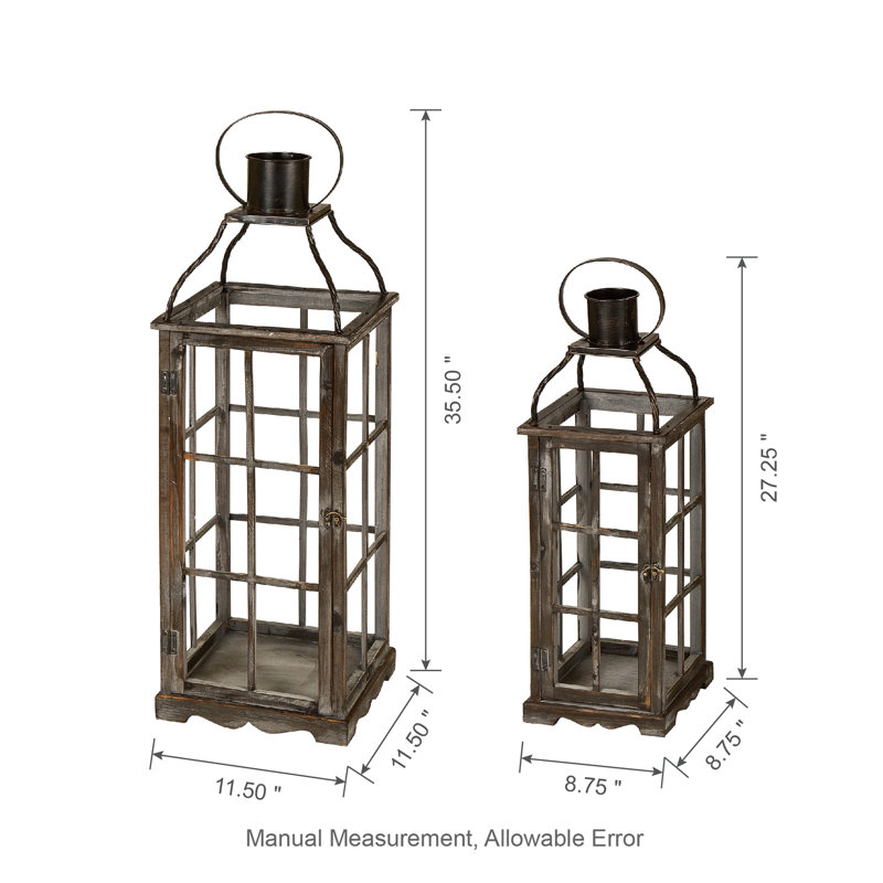 Wood and Metal Tabletop Lantern (Set of 2), Dark , 27.25"H