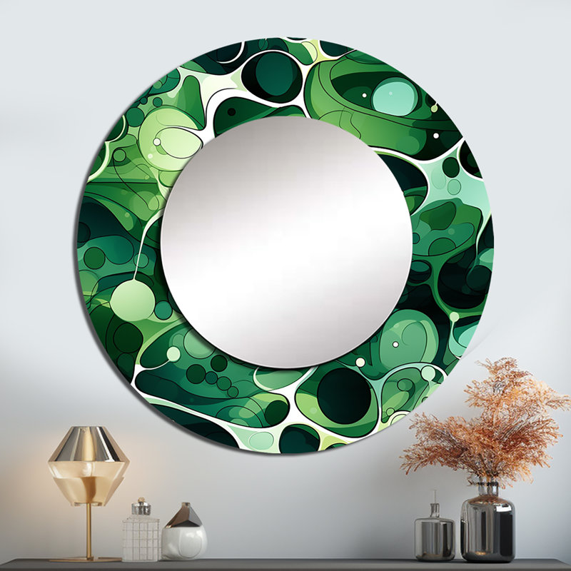 Sharmeta Green Popart Techno Tangles - marble  Decorative Wall Mirror, Green Round Mirror, Printed Metal Art, 29" x 29"