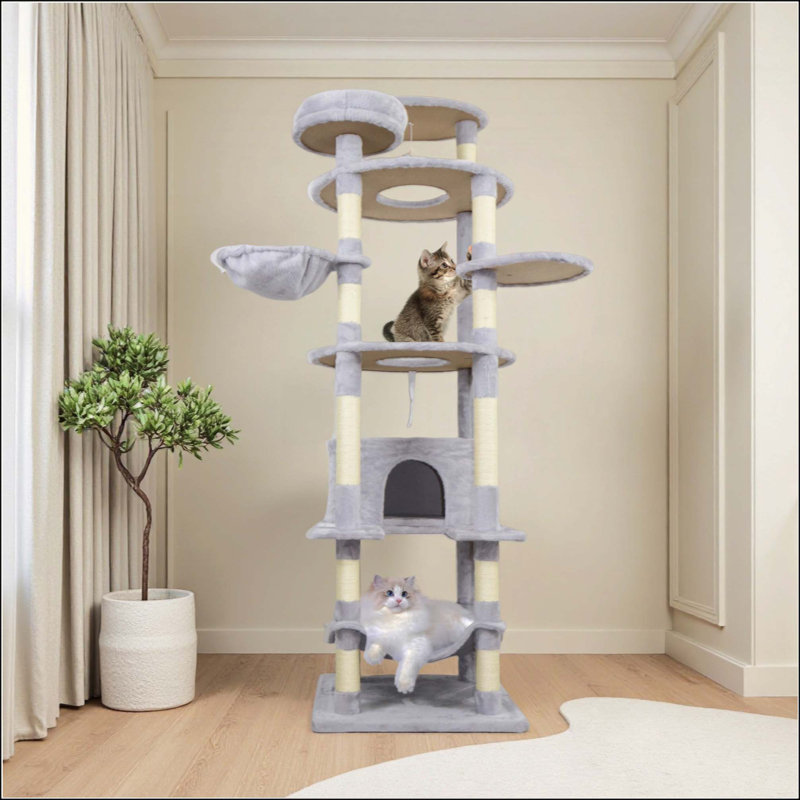Tour pour arbre à chat avec base large, grand condo, 12 poteaux à griffer en sisal, grand hamac, plateforme supérieure, perchoir et jouet interactif