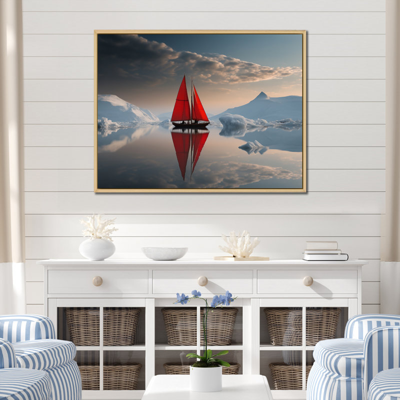 Voilier rouge arctique - impression sur toile, Cadre naturel flottant, H 24 po x l 32 po x P 1 po