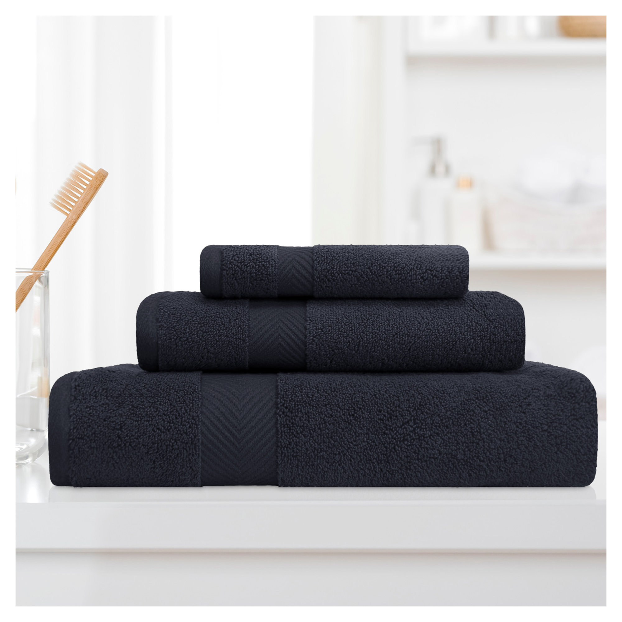 Hamachi Zero-Twist 3 Piece 100% Cotton Towel Set, Black