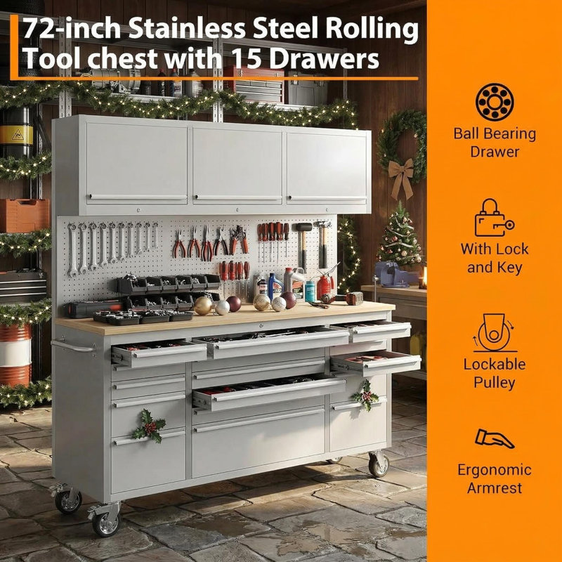 Armoire à outils 72 po avec 15 tiroirs, boîte à outils roulante avec multiprise, système de verrouillage, acier inoxydable, rangement robuste, établi pour garage, atelier, mécanique.