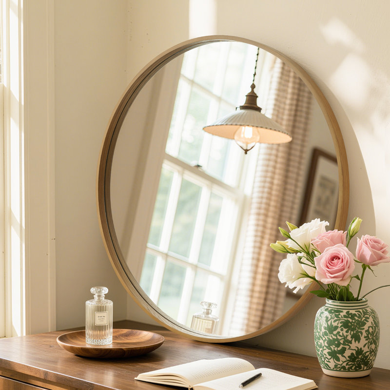 Miroir mural rond en bois pour meuble-lavabo de salle de bain, Bois naturel, 28 po x 28 po