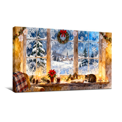 Scène de fenêtre de Noël avec chat et décorations de Noël
