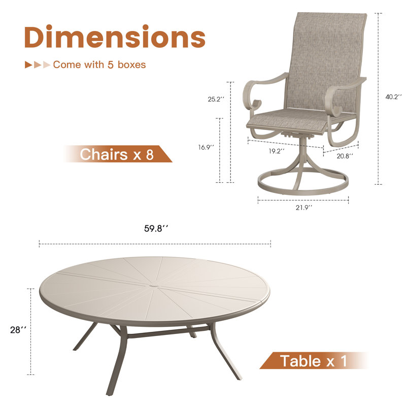 Ensemble de salle à manger en aluminium pour patio avec table de salle à manger ronde en aluminium de 60 po et 8 chaises de salle à manger pivotantes en textilène