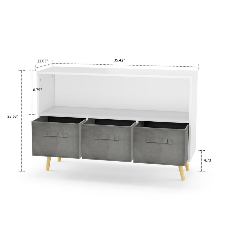 Judene Wooden Bookcase with Three Removable Fabric Drawers, White/Gray