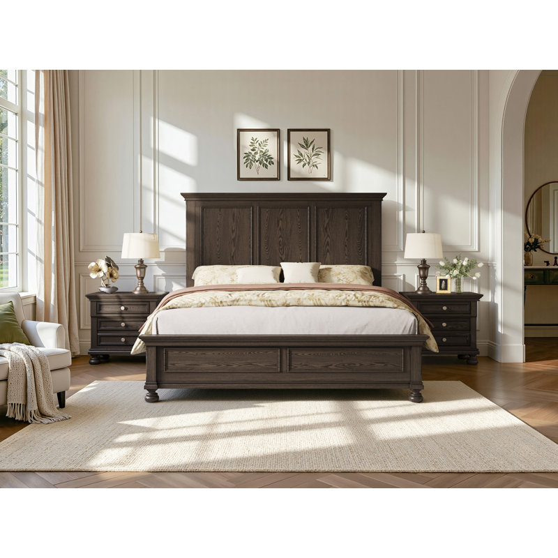 Ensemble de chambre à coucher 2 pièces 2 pièces Table de chevet moderne à 3 tiroirs avec pieds en bois massif noyer foncé